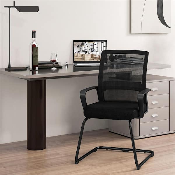 Mesh Lumbar Support Ergonomic Meeting Chair in Black with Non-Adjustable Arms