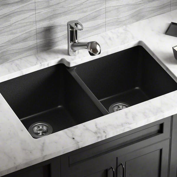 MR Direct Black Quartz Granite 33 in. Double Bowl Undermount Kitchen Sink