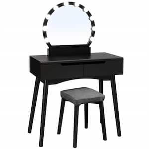 Single Round Mirror Black Makeup Vanity Table Sets with 8 Bu lbs. and 4-Drawer
