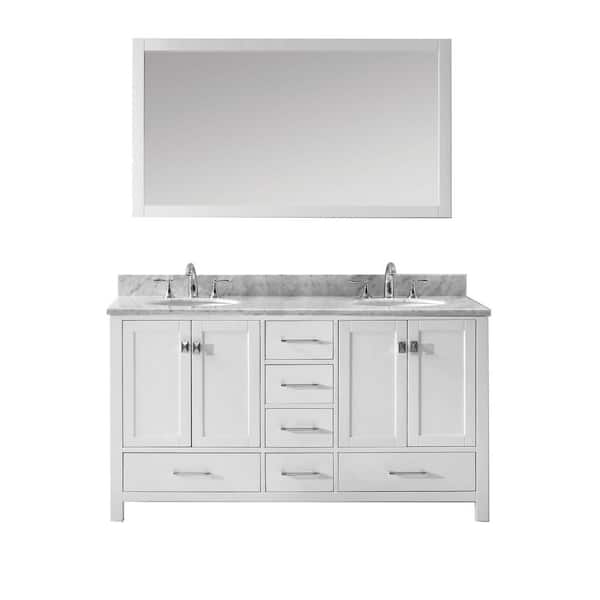 Virtu USA Caroline Avenue 60 in. W Bath Vanity in White with Marble Vanity Top in White with Round Basin and Mirror