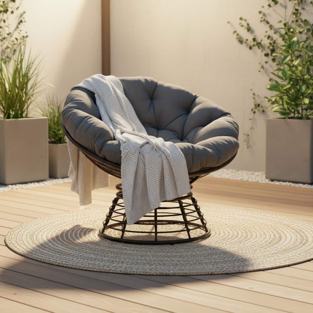 JPJPUU Outdoor Rattan 360° Swivel Chair with Soft Gray Thick