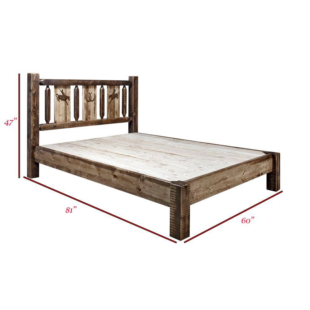 Rustic Full Pine Platform Bed with Laser Engraved Bronc Headboard