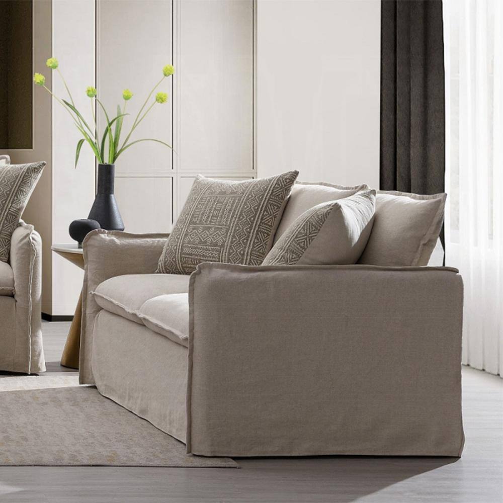 Beige Linen Loveseat with Removable Cushions and Wood Frame