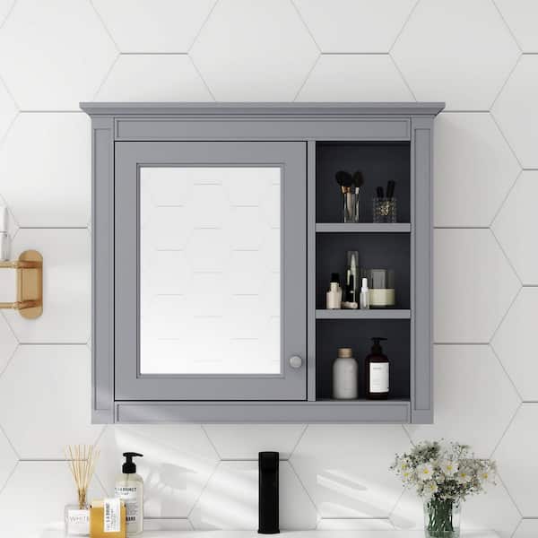 EEN ANDRO TAKIANG INC 30 in. W x 28 in. H Gray Rectangular MDF Medicine Cabinet with Mirror and 3 Open Shelves(Not Include Bathroom Vanity)