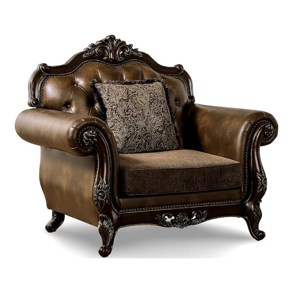 Grant Dark Cherry and Brown Faux Leather Accent Chair with Rolled Arm and Button Tufted Back