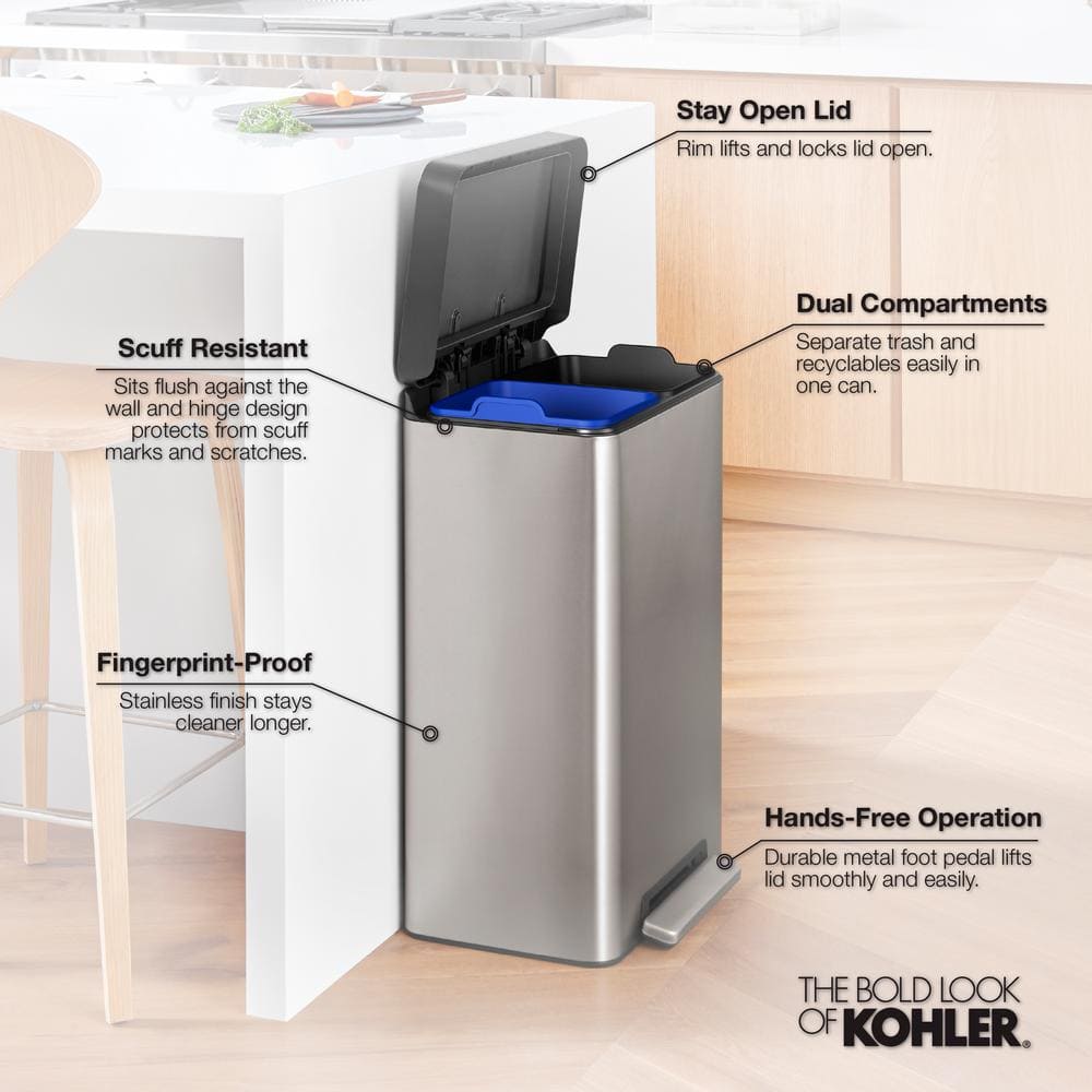 11 Gallon Stainless Steel and White Dual Compartment Trash Can