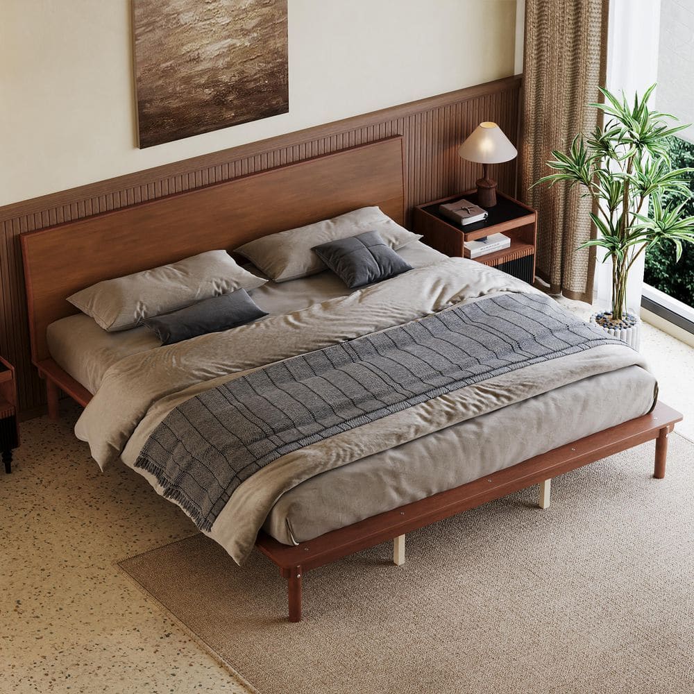 Walnut(Brown) Mid-Century Modern Wood Frame King Platform Bed with Widened Side Rails for Heavy Duty Slat Support