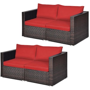 4-Piece Wicker Outdoor Rattan Corner Sectional Sofa Set Patio Furniture Set with Red Cushions