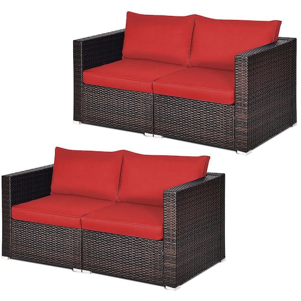 Gymax 4-Piece Wicker Outdoor Rattan Corner Sectional Sofa Set Patio Furniture Set with Red Cushions