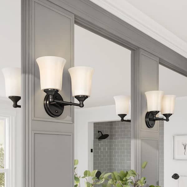Designers Fountain Bronson 13.25 in. 2-Light Matte Black Transitional Vanity Light with Etched Glass Shades