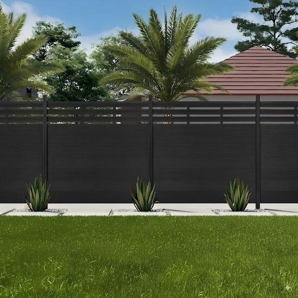 Garden Fence Board 6 ft. H x 6 ft. W Black Composite Fence Panel with Two Posts