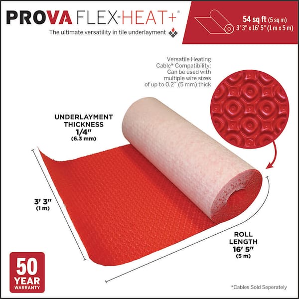 54 sq. ft. Prova Flex-Heat 36x in. W x 16. 5x ft. L x 6.6 mm T Underlayment Roll for Underfloor Heating Tile