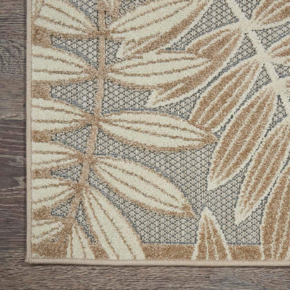 Natural Beige and Gray Floral Leaf Outdoor Runner Rug
