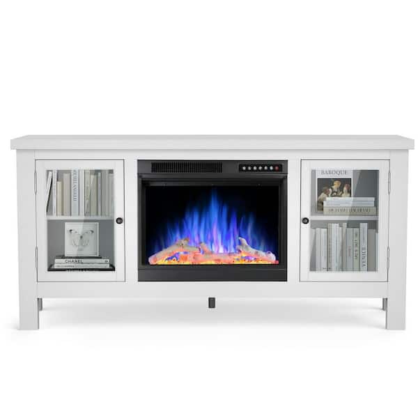 58 in. Freestanding Wooden Electric Fireplace TV Stand in White