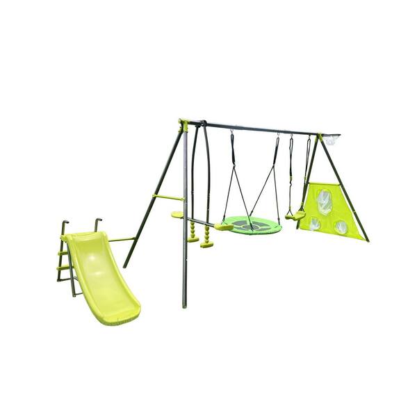 Tidoin Six Function Metal Outdoor Swing Set with Slide, Basketball