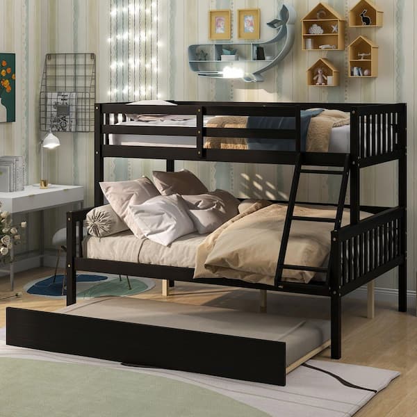 Harper & Bright Designs Espresso Twin Over Full Wood Bunk Bed with Trundle and Ladder