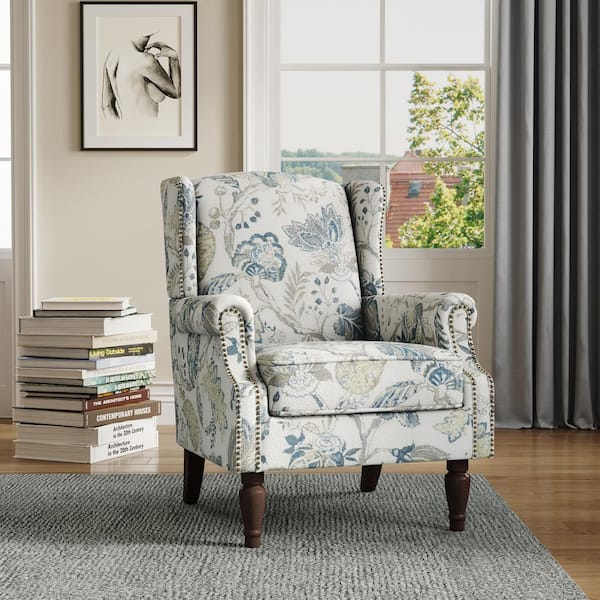 Uixe Retro Plants Blue Linen Nailhead Trim Upholstered High