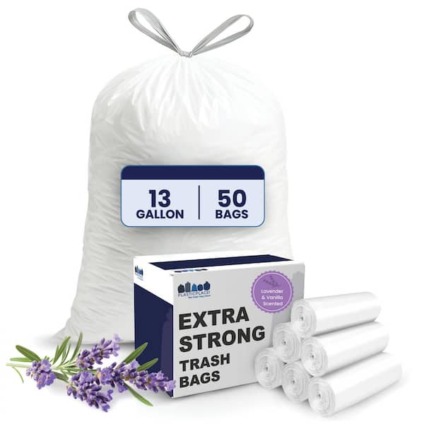 Plasticplace 24 in. x 31 in. 13 Gal. White Drawstring Trash Bags, Lavender and Soft Vanilla Scented Garbage Can Liners (50-Count)