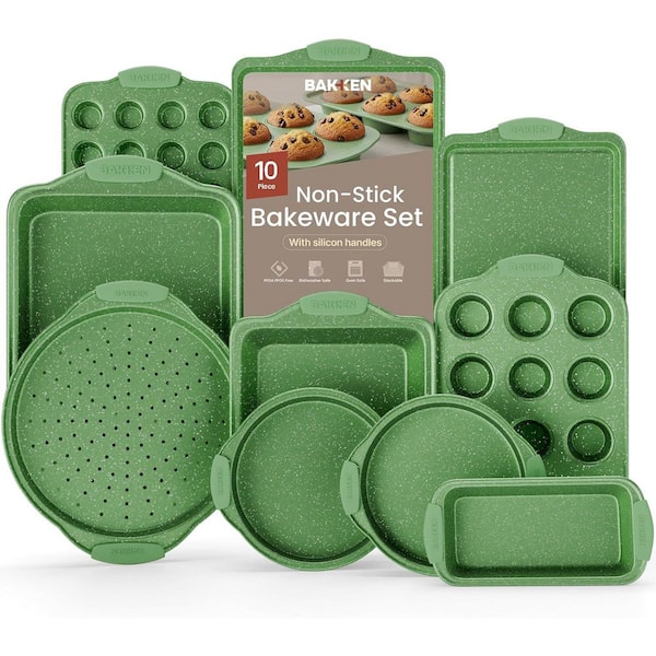 10-Piece Nonstick Green Marble Coating, Carbon Steel Bakeware Sets with Green Silicone Handles