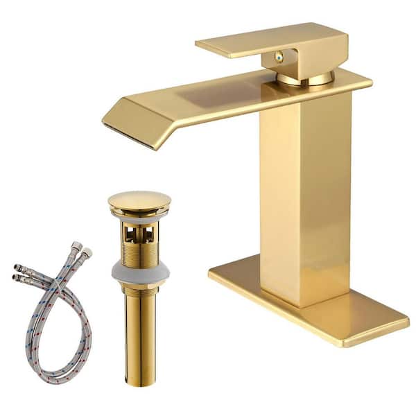 Single Handle Single Hole Bathroom Faucet with Deckplate Included and Spot Resistant with drain in Bronzed Gold