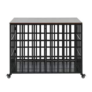 42 in. Heavy Duty Medium to Large Dog Black Carbon Steel Dog Crate Furniture Style Crate with 4-Lockable Wheels, 2-Locks