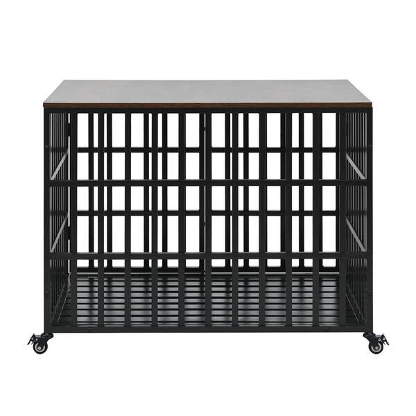 Tunearary 42 in. Heavy Duty Medium to Large Dog Black Carbon Steel Dog Crate Furniture Style Crate with 4-Lockable Wheels, 2-Locks