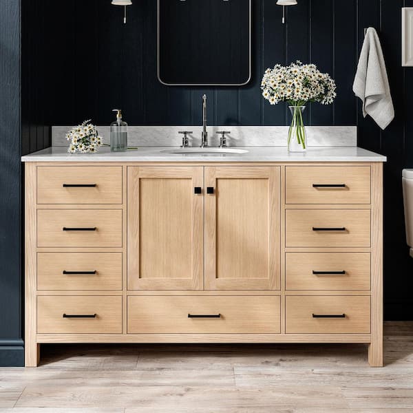 ARIEL Cambridge 60 in. W x 22 in. D x 35 in. H Single Freestanding Bath Vanity in Oak with Italian Carrara Marble Top