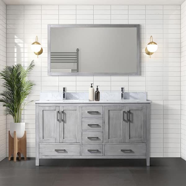 Lexora Jacques 60 in. W x 22 in. D Distressed Grey Double Bath Vanity, Carrara Marble Top, and 58 in. Mirror