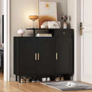 Elegant Black Shoe Storage Cabinet with Arched Doors, Drawer and Adjustable Shelves