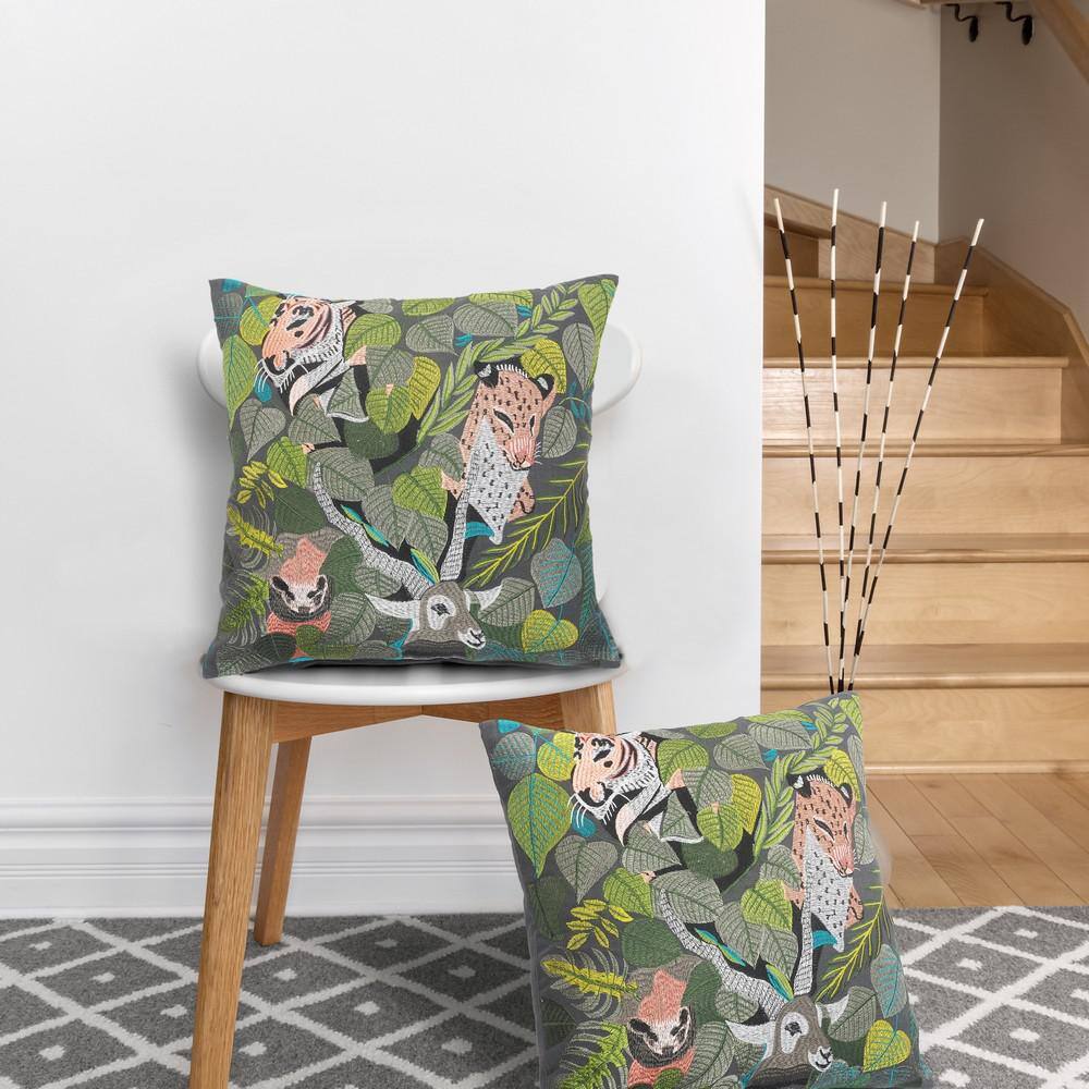 Jungle Scene Green and Multicolor Cotton Throw Pillow