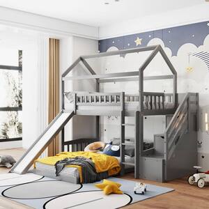 Gray Twin Over Twin Wood House Bunk Bed with 2-Drawers, Stairs and Slide