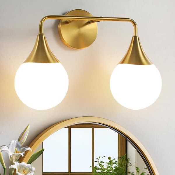 KAISITE 16.8 in. 2 Light Brushed Gold Vanity Light with Milk White Globe Glass Shade