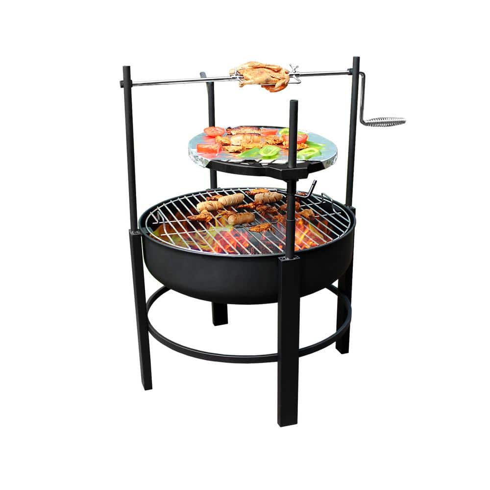 Round Metal Wood Burning Charcoal Grill in Black with 360Â° Rocking Rod