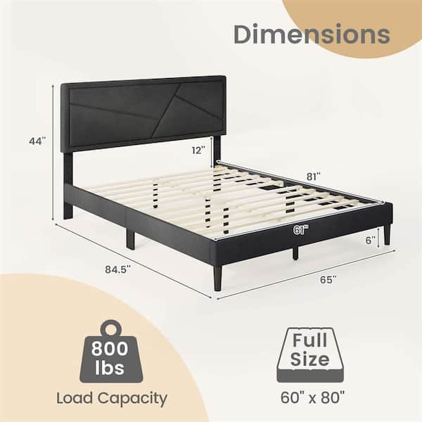 Gray MDF Frame Queen Size Platform Bed w/ High Headboard & Wooden Slats No Box Spring Needed