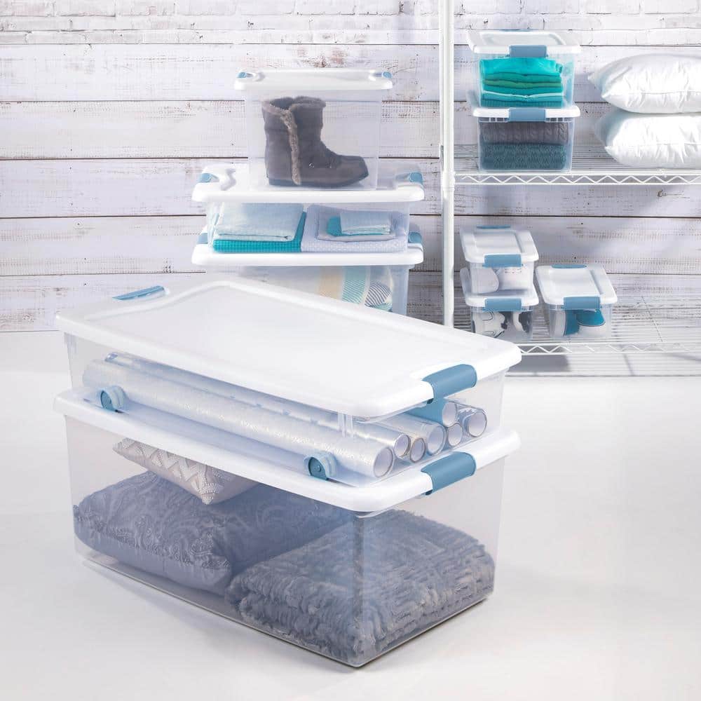 Clear Plastic Stackable Storage Box with White Lid and Blue Latches