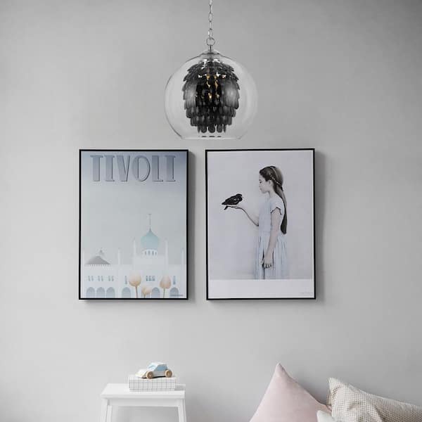 Hanover Bubble Pendant Light for Hardwire Black Faux Crystal Drops Under Clear Glass, Chrome Finish