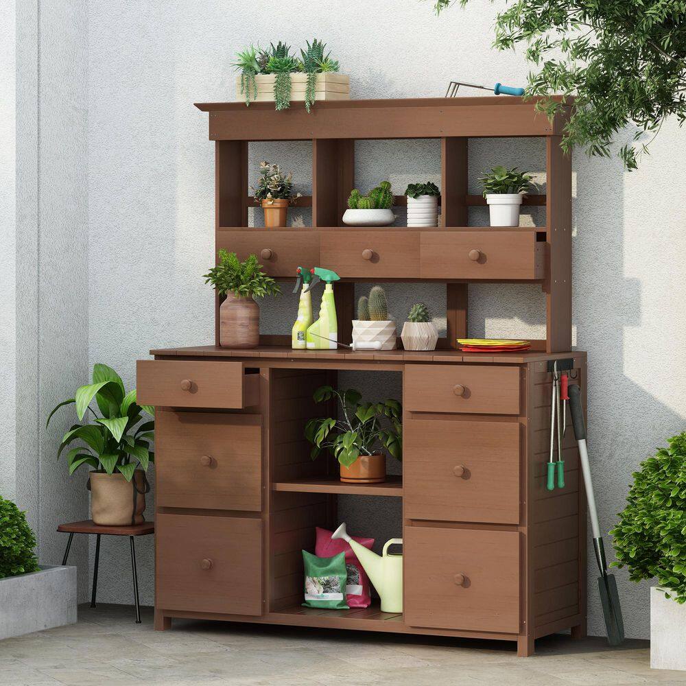 Brown Fir Wood Potting Bench Table with Multiple Drawers and Shelves for St