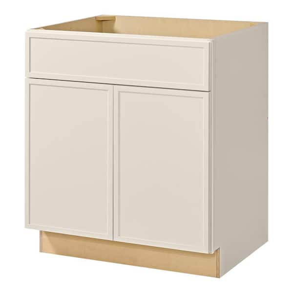 Hampton Bay Leyton 30 in. W x 24 in. D x 34.5 in. H Ready to Assemble Plywood Slim Shaker Sink Base Kitchen Cabinet in Antique White