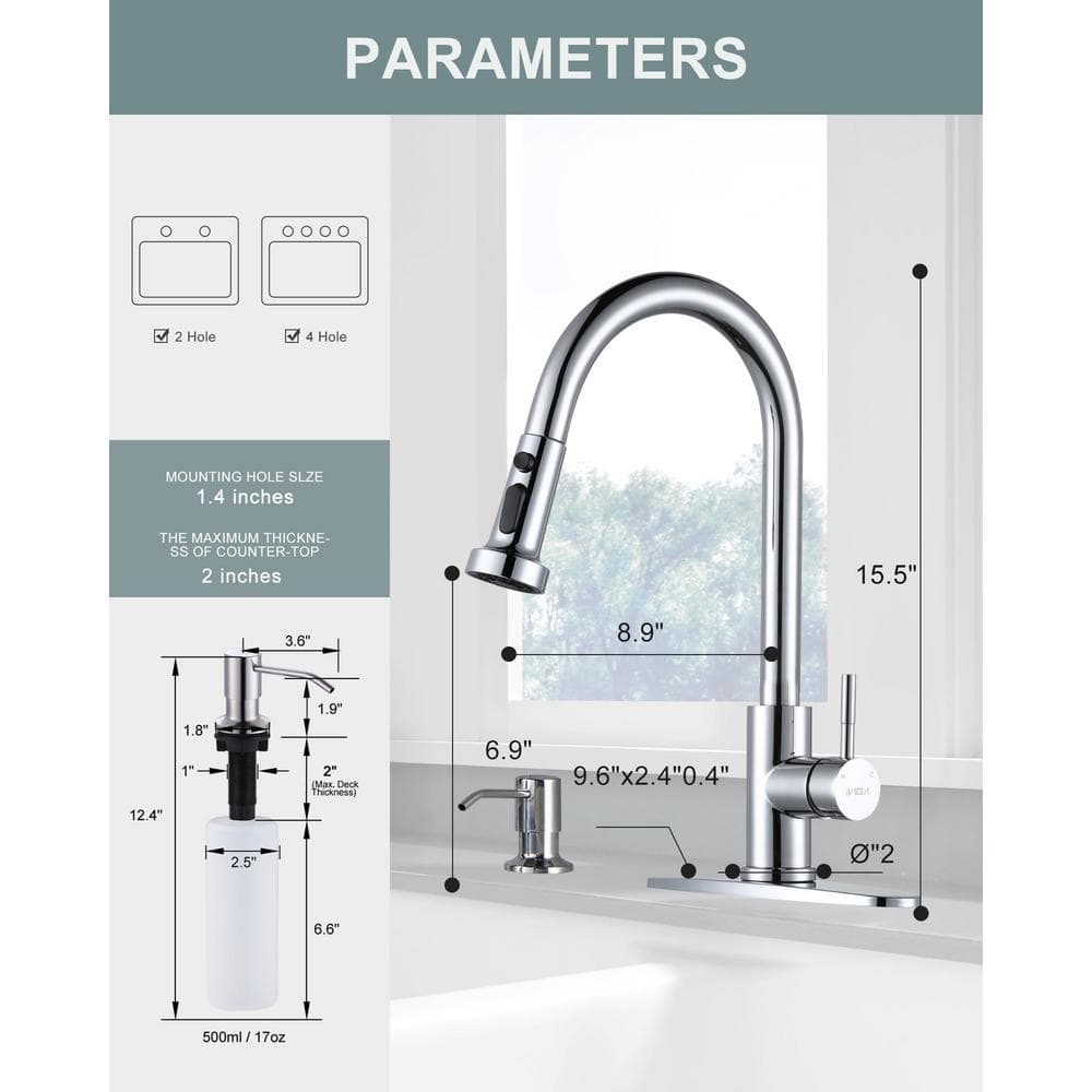 Polished Chrome Stainless Steel Pull-Down Kitchen Faucet with Soap Dispenser