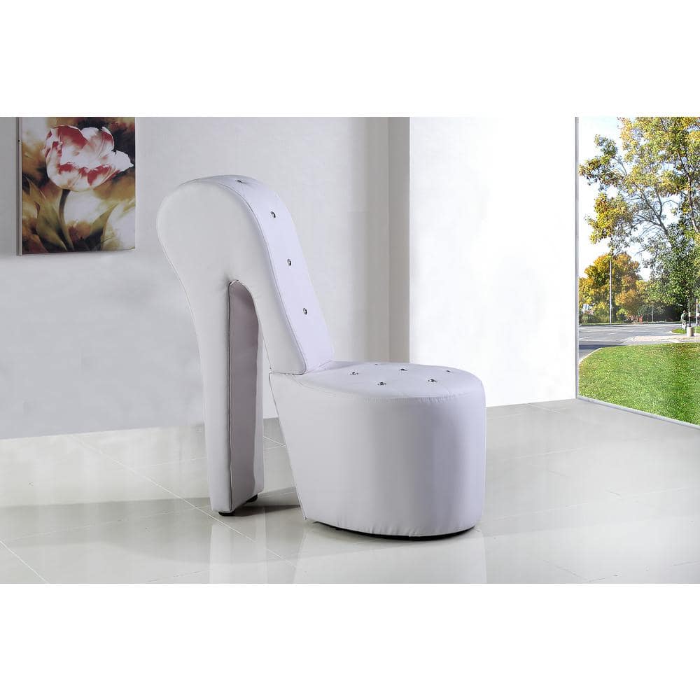 White Faux Leather High Heel Accent Chair with Crystal Studs