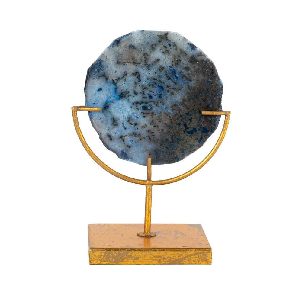 Blue Agate Stone Slice on Gold Metal Stand