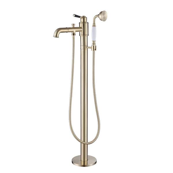 Tomfaucet Single-Handle Floor Mount Freestanding Tub Faucet with Hand Shower in Brushed Gold