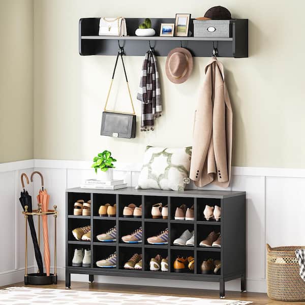 BYBLIGHT Carmelita Black Hall Tree with Shoe Storage and Coat Rack, Shoe  Organizer with Wall Mounted Shelf and Hooks BB-C0633GX - The Home Depot