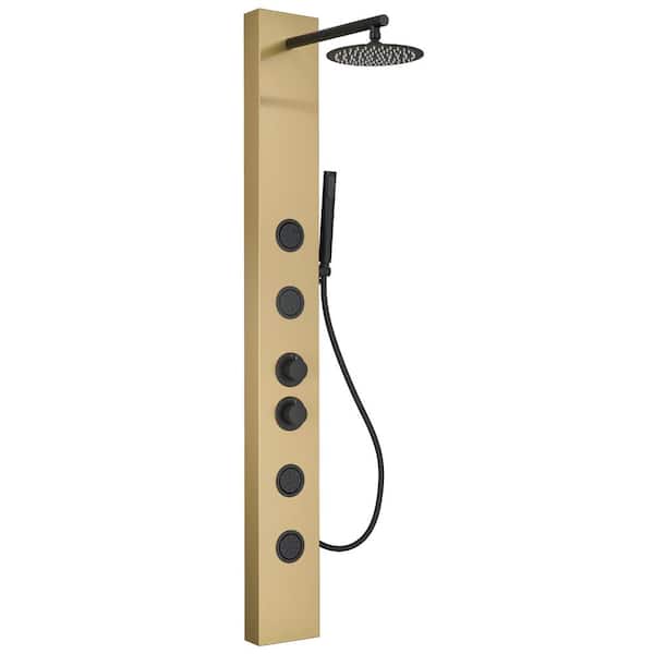 BWE 4-Jet Rainfall Shower Panel System with Rainfall Waterfall Shower Head and Shower Wand in Black Gold