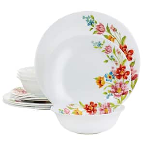 Blooming Rose 12-Piece Tempered Opal Glass Dinnerware Set