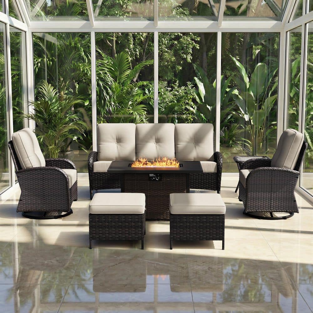 7-Piece Wicker Patio Fire Pit Conversation Set with Beige Cushions, Rectangular Fire Pit Table price history on PriceWatchPro