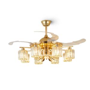 48 in. 8-Light Indoor Gold Ceiling Fan with Remote, Modern Crystal Retractable Fandelier for Bedroom, Bulbs Not Included