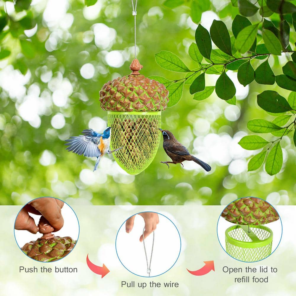 Brown and Green Resin Iron Mesh Hanging Acorn Bird Feeder