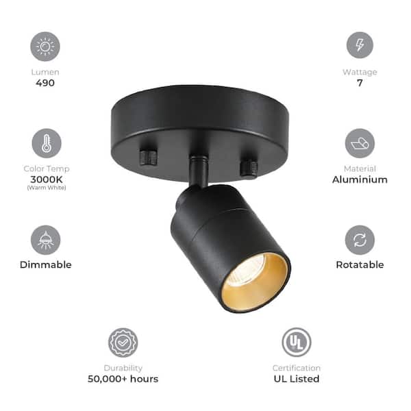Shura Matte Black Adjustable Spot Light, Integrated LED Bulb, Fixed Track Cylinder Spotlight, 3000k, 490 Lumens