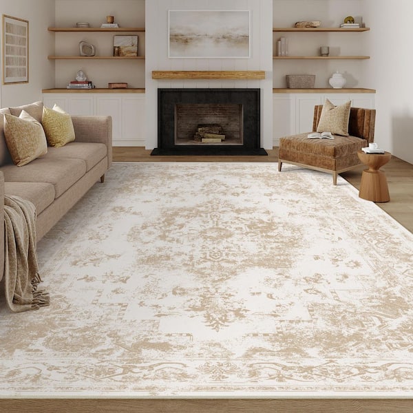Jane Eyre Beige 8 ft. x 10 ft. Vintage Medallion Distressed Area Rug